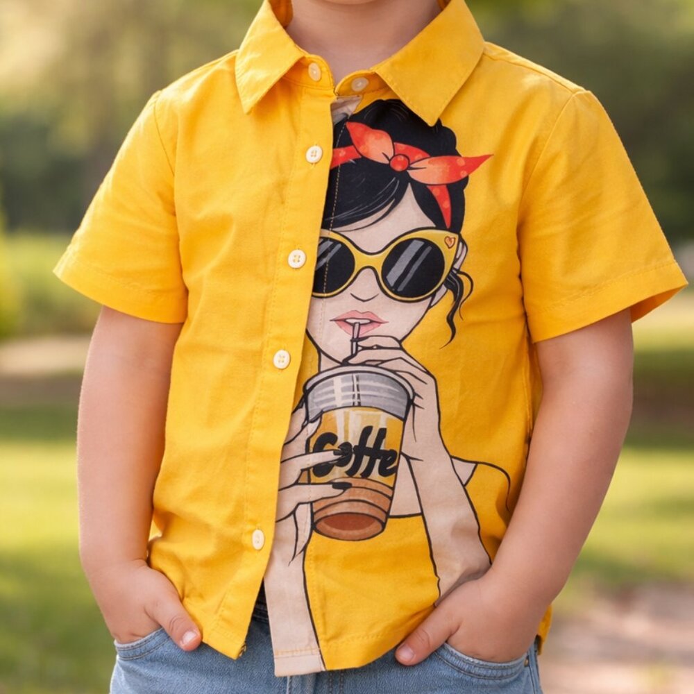 Shein Youth Size 4Y Cartoon Character Printed Short Sleeve Casual Shirt